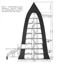 Aufriss des Winkelturms "Turm1" für 500 Personen, wie er in Untertürkheim stand. Der Turm hatte rechts noch einen ebenerdigen Zugang.