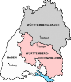 Situation 1945-52. Württemberg-Baden gehörte zur amerikanischen Besatzungszone, Baden und Württemberg-Hohenzollern zur französischen. Karte: Wikipedia.