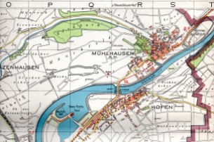 Mühlhausen mit Hofen und Max-Eyth-See 1939. Nach Ausbruch des Krieges wurde der See baulich vom Neckar getrennt und leergepumpt, damit seine Wasserfläche feindlichen Fliegern bei Nacht nicht zur Orientierung dienen konnte.