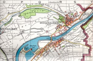 Mühlhausen mit Hofen und Max-Eyth-See 1939. Nach Ausbruch des Krieges wurde der See baulich vom Neckar getrennt und leergepumpt, damit seine Wasserfläche feindlichen Fliegern bei Nacht nicht zur Orientierung dienen konnte.