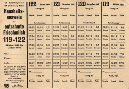 Haushaltsausweis für entrahmte Milch Oktober 1948-Januar 1949. "Ein Anspruch auf eine jeweils gleichbleibende Menge der Zuteilung besteht nicht."