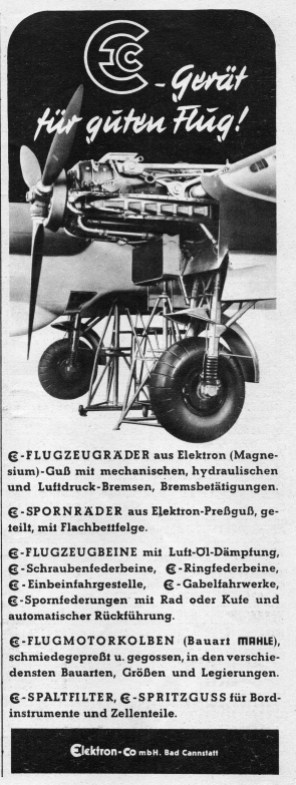 Werbung für Flugzeug-Fahrwerkskomponenten der Firma Elektron Co. 1941.