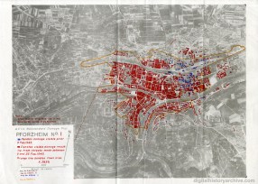 Zerstörung durch den britischen Angriff am 23.02.1945 in rot. (Digitalhistoryarchive/NARA)