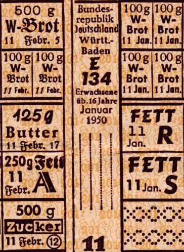 Lebensmittelkarten für Erwachsene ab 16 J. Januar 1950 (Ausschnitt).Lebensmittelkarten für Erwachsene ab 16 J. Januar 1950 (Ausschnitt).